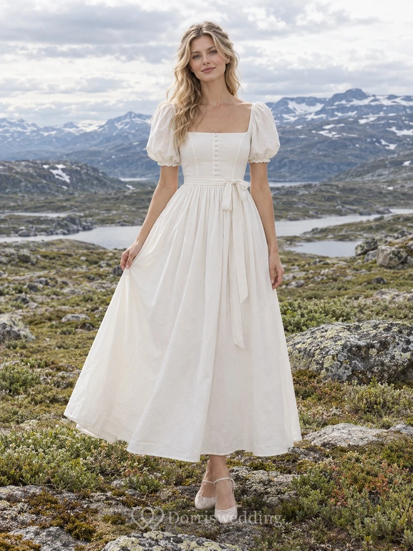 Vestido de novia de popelina de algodón, largo hasta la rodilla, escote cuadrado, corte en A, mangas abullonadas y fajín.