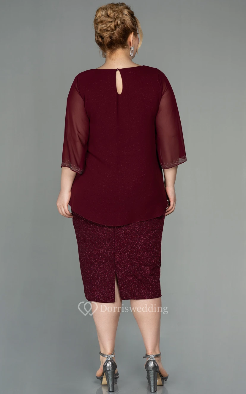 Bateau-neck Long Sleeve Pencil Knee-length Sequin Plus Size Mother of Bride Dress view 4