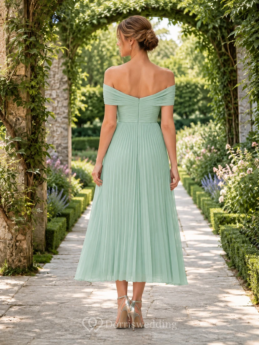 Mint Green Off Shoulder Pleated Ruffle Midi Guest Dress view 2