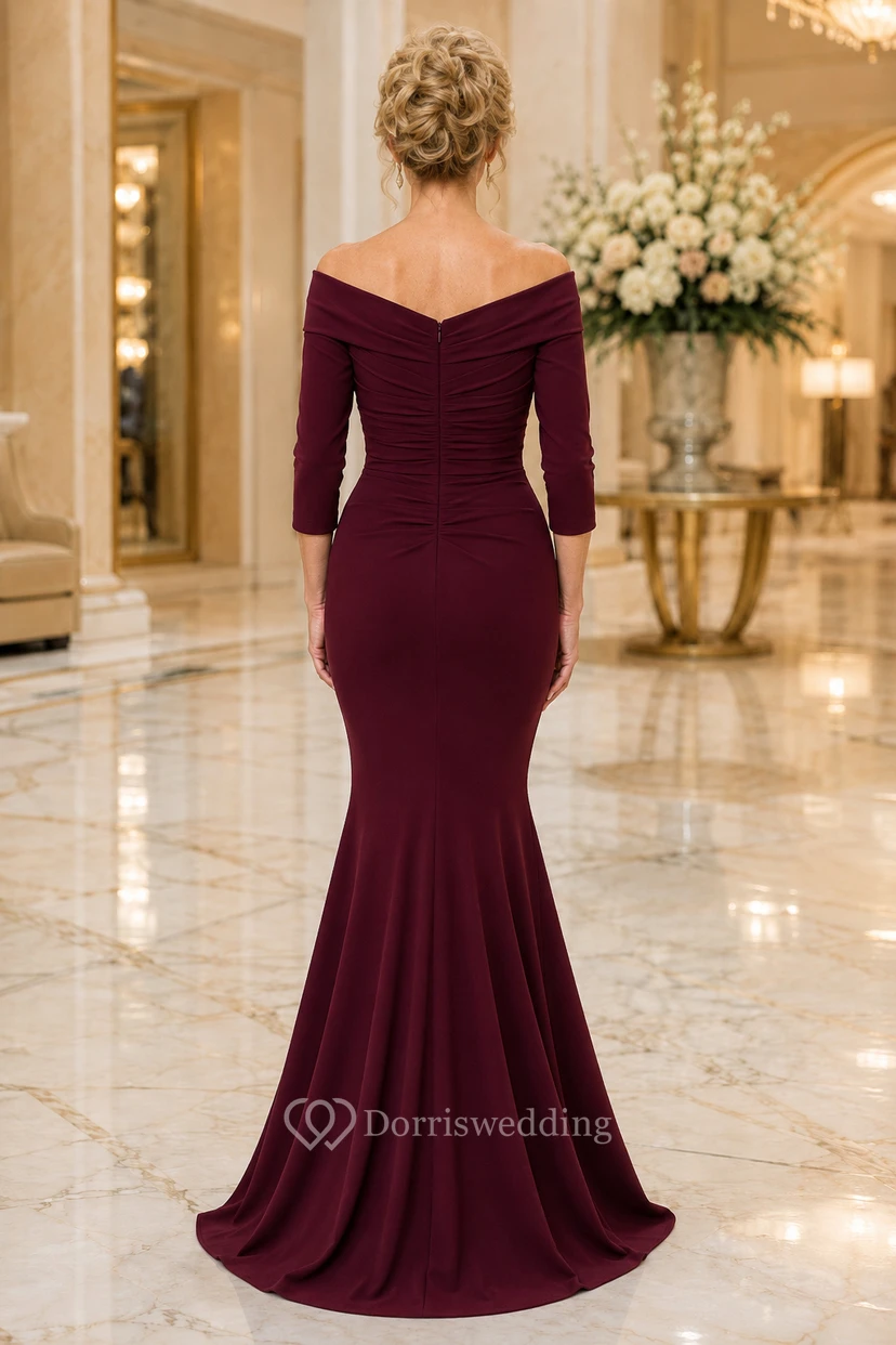 Burgunderfarbenes schulterfreies Meerjungfrauen-Kleid aus Samt für Mütter view 2