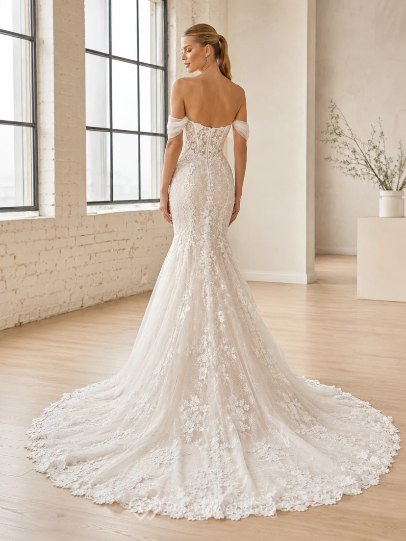 Robe de mariée sirène luxueuse en dentelle florale à épaules dénudées et manches courtes, ornée de fleurs, avec traîne cathédrale et style botanique view 2