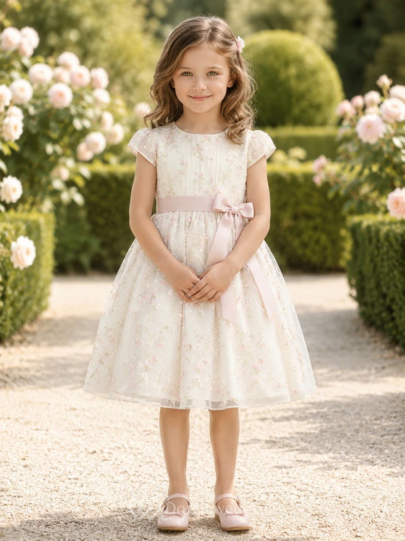 Robe de demoiselle d'honneur en coton imprimé ivoire, coupe trapèze, manches courtes et jupe arrivant au genou