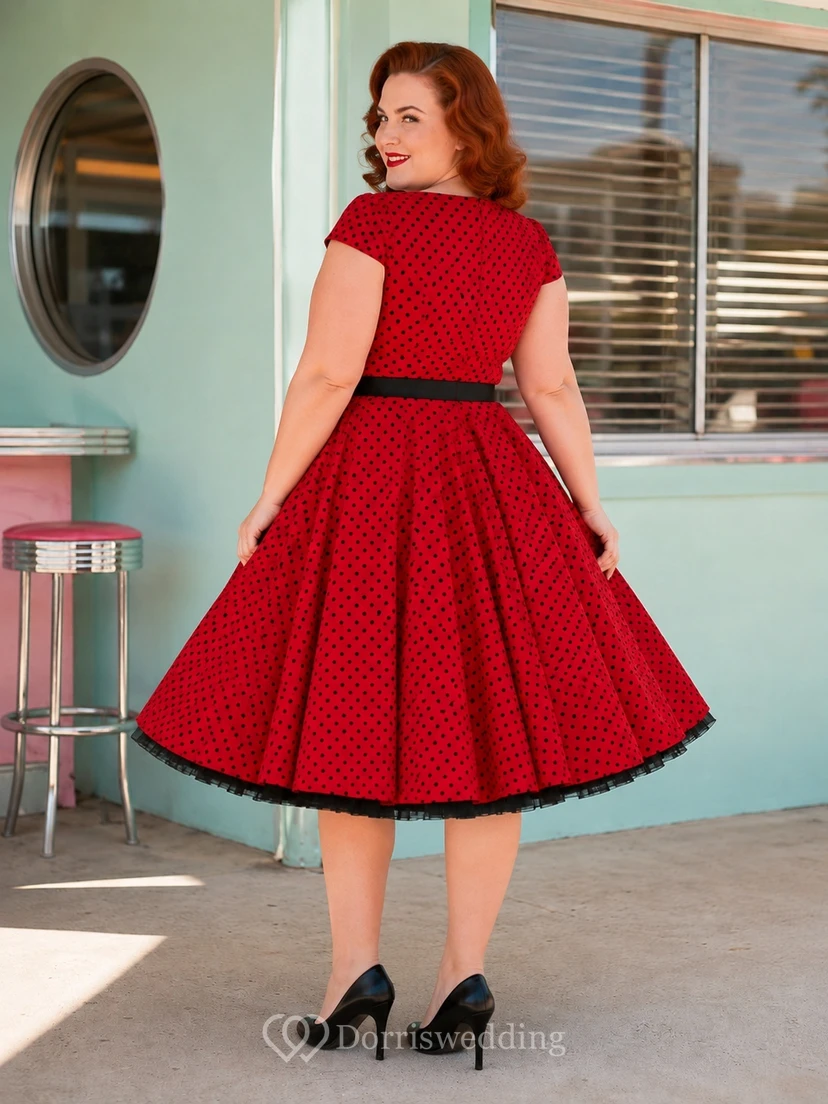 Ruby Square Kurzarm-Baumwollkleid im A-Linien-Stil, knielang, mit Polka-Dots im Retro-Look view 2