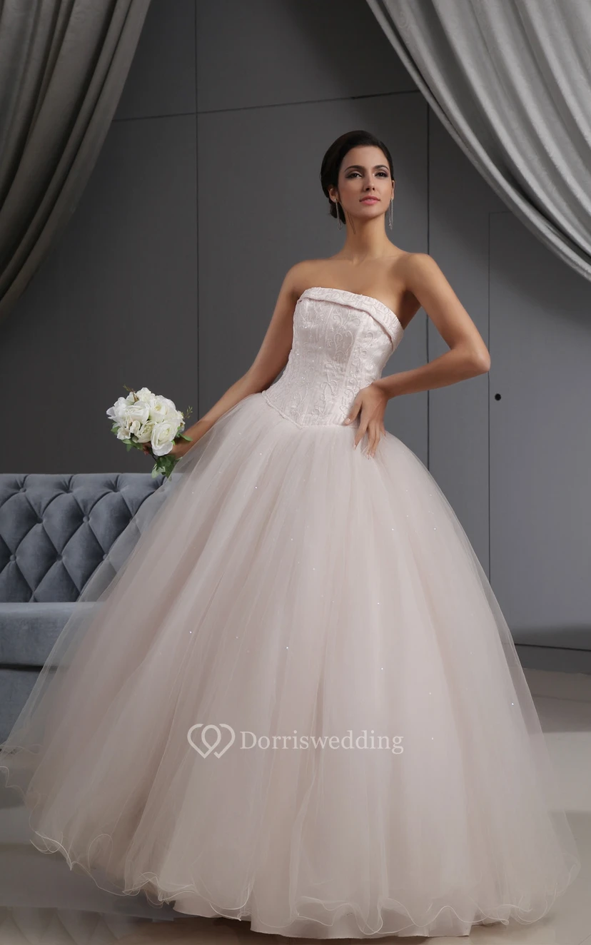 Blushing Pink A-Line Ball Gown With Embroideried Bodice and Tulle Overlay view 2