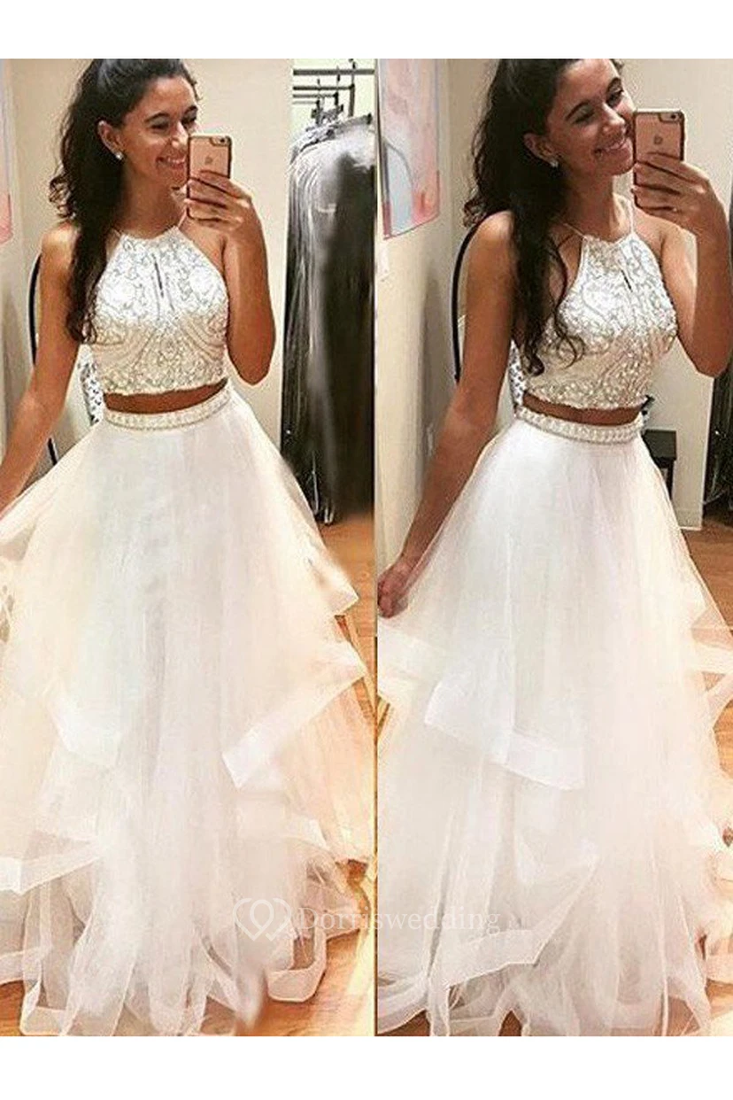 A-Line Tulle Halter Sleeveless Zipper Dress