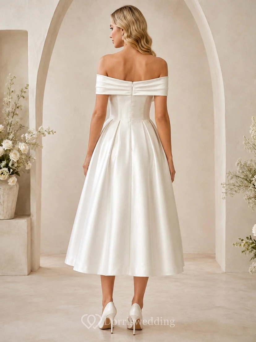 Teelanges schulterfreies A-Linien-Cocktailkleid aus elfenbeinfarbenem Satin in A-Linie view 2