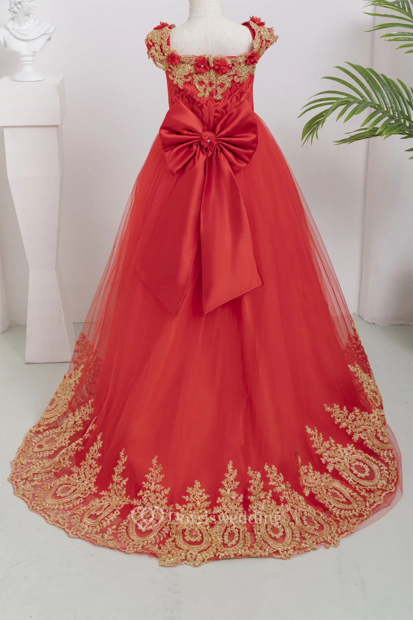 Cap Red Ball Gown Applique Flowergirl Dress with Pop up Petal view 2