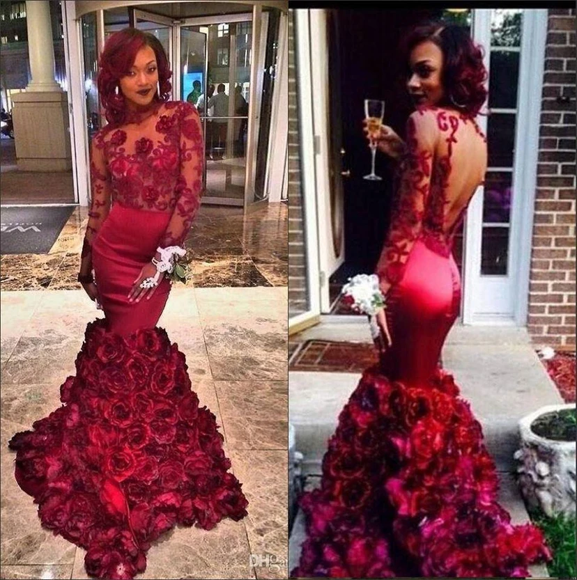 Long Sleeves Lace Prom Dress Flowers Mermaid Floor Length view 3