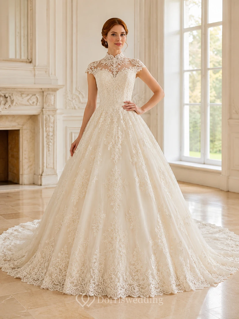 Robe de mariée en dentelle et tulle, coupe trapèze, col montant, manches longues et traîne chapelle.