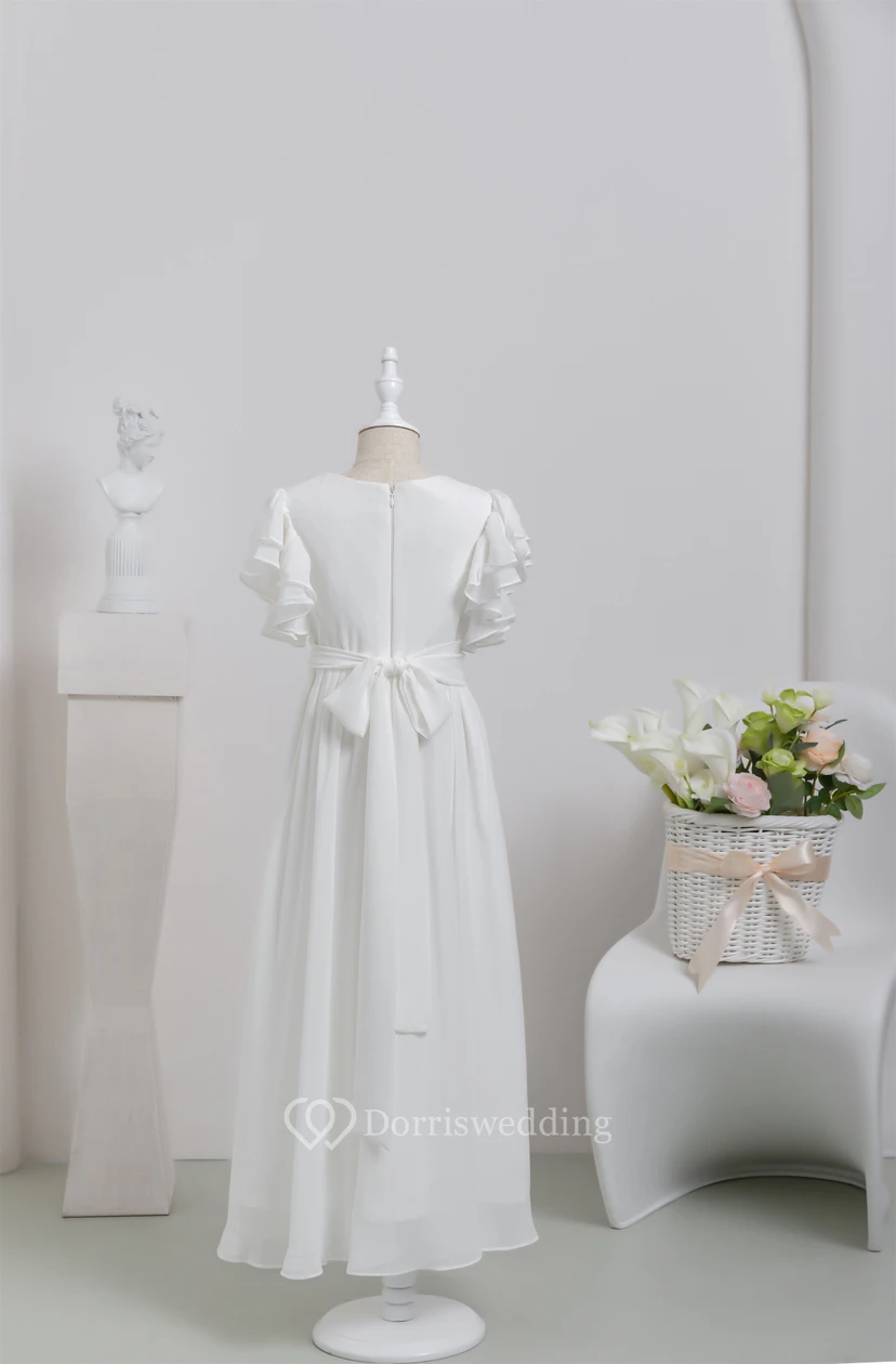 White First Communion Bowed Chiffon Flowergirl Dress with Ruffled Sleeve view 9
