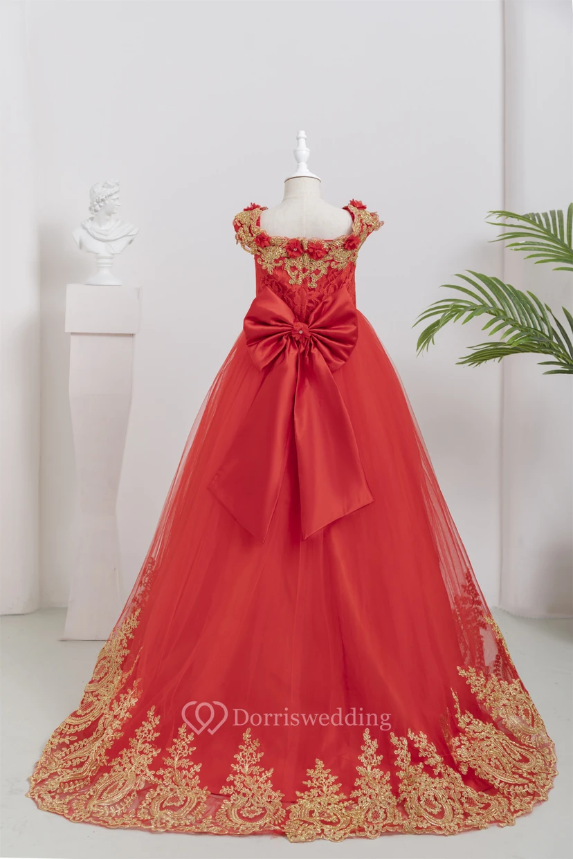 Cap Red Ball Gown Applique Flowergirl Dress with Pop up Petal view 5