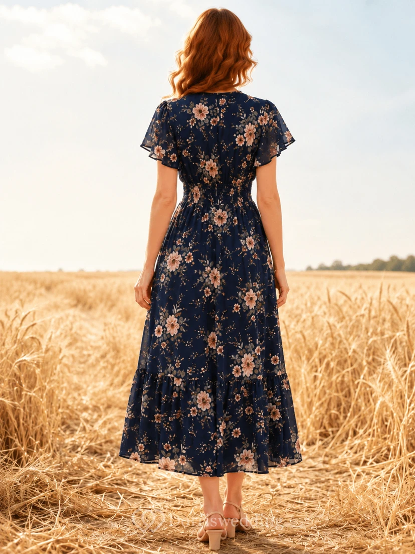 Vestido de estilo pradera de manga corta con estampado floral oscuro y cintura fruncida view 2