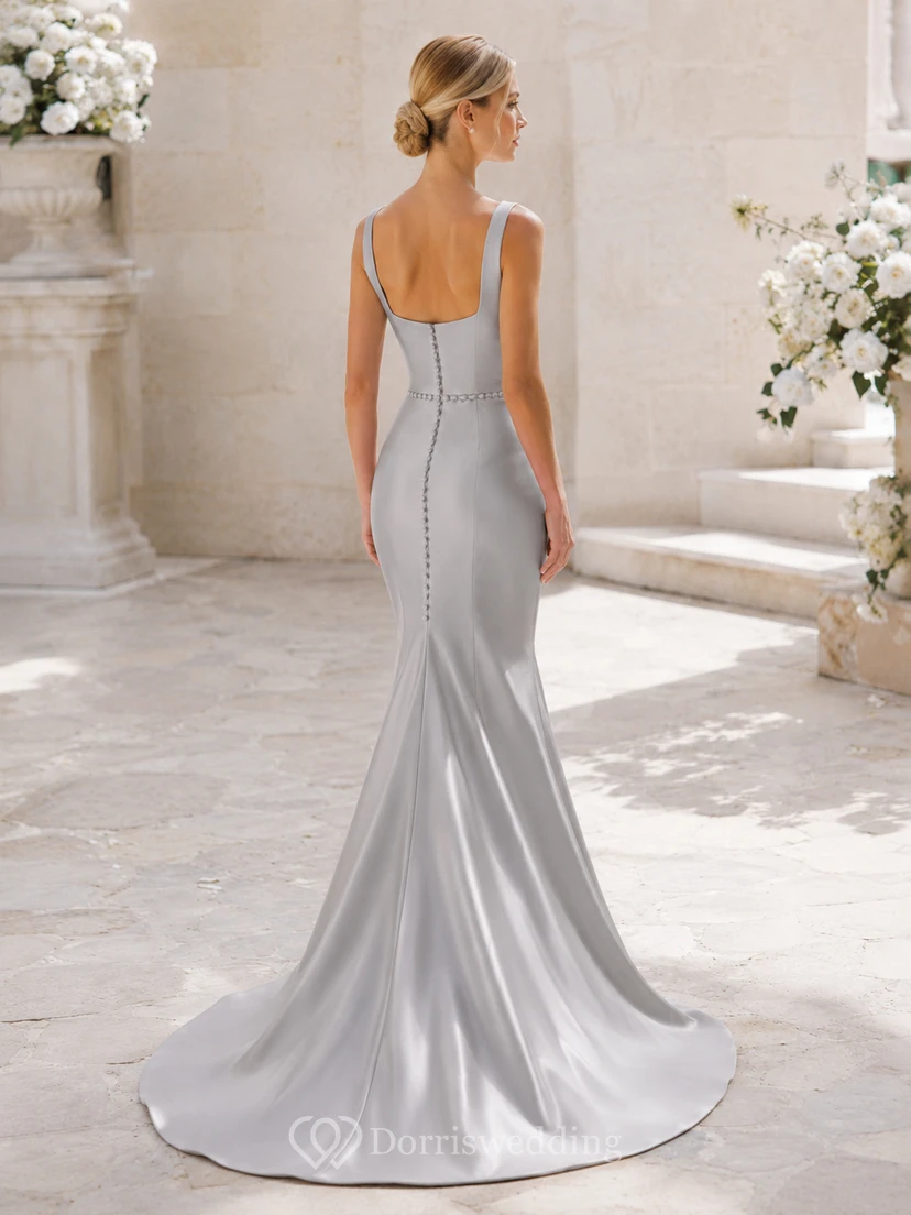 Robe de mariée sirène en satin argenté à bretelles carrées et boutons au dos, avec encolure carrée view 2