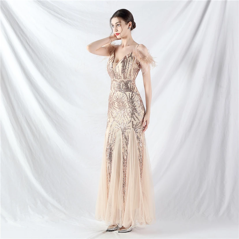 9-farbiges, handgefertigtes Abendkleid aus Kamelfedern, Netzstoff und Pailletten, sexy Trägern view 23