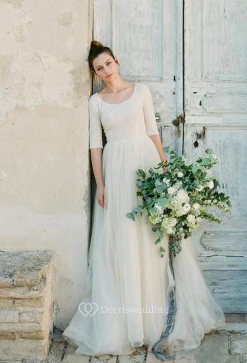 Schlichtes A-Linien-Brautkleid mit Rundhalsausschnitt, halblangen Ärmeln, rückenfreiem Tüllrock und Ärmeln view 5
