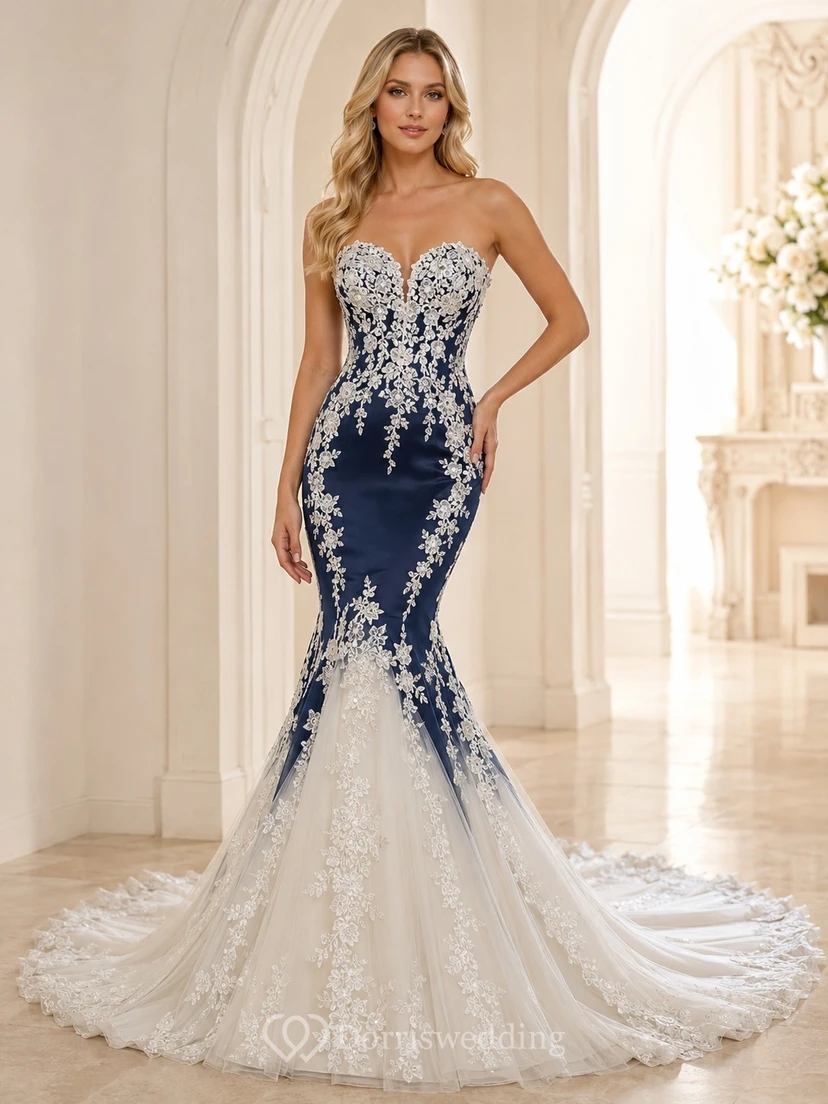 Marineblaues, aufwendig verziertes, ärmelloses Spitzen-Brautkleid mit Meerjungfrauen-Ausschnitt und elegantem Schnitt