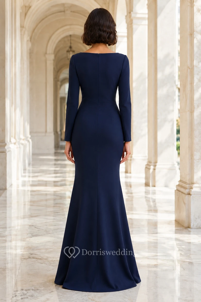Modest Dark Navy Long Sleeve Mermaid Evening Dress with Notched Bateau Neck and Floor Length view 2