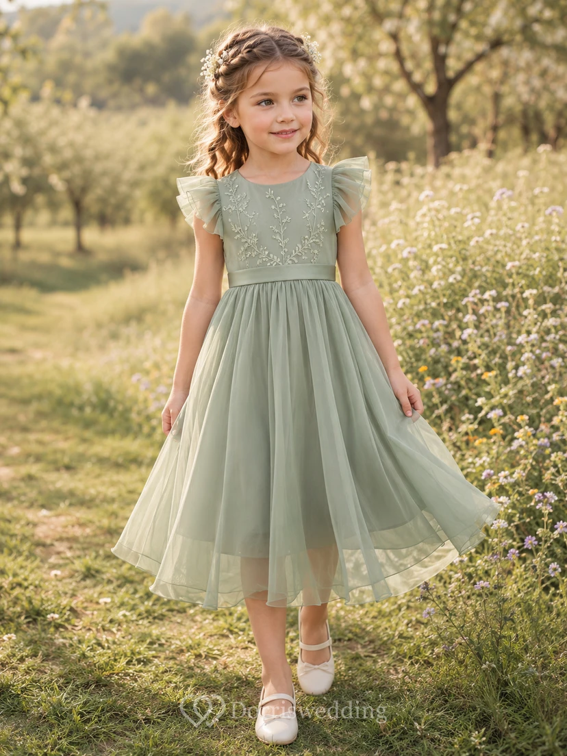 Sage Flower Girl Dress Bohemian Tea-Length A-Line Ruffle Sleeve Embroidered Tulle Satin Waist