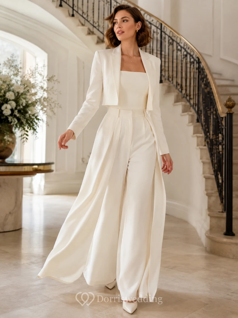Traje de novia moderno de tres piezas con chaqueta corta y pernera ancha.