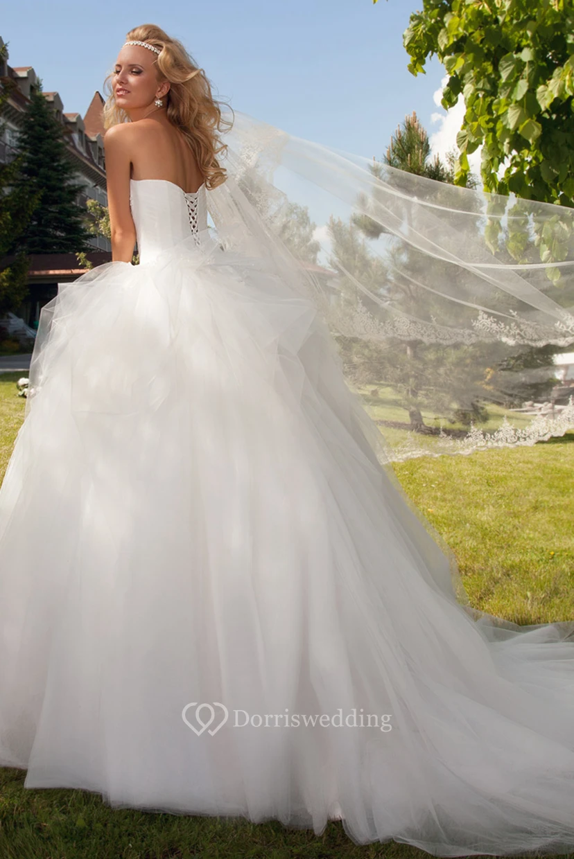 Long Sweetheart Beaded Ruffled Tulle Wedding Dress With Court Train And Corset Back view 2