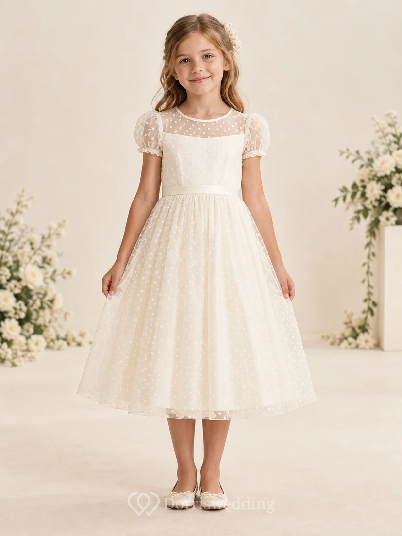Teelanges elfenbeinfarbenes A-Linien-Kleid aus Tüll mit Pünktchenmuster, Illusionseffekt, Puffärmeln und Schleife am Rücken für Blumenmädchen