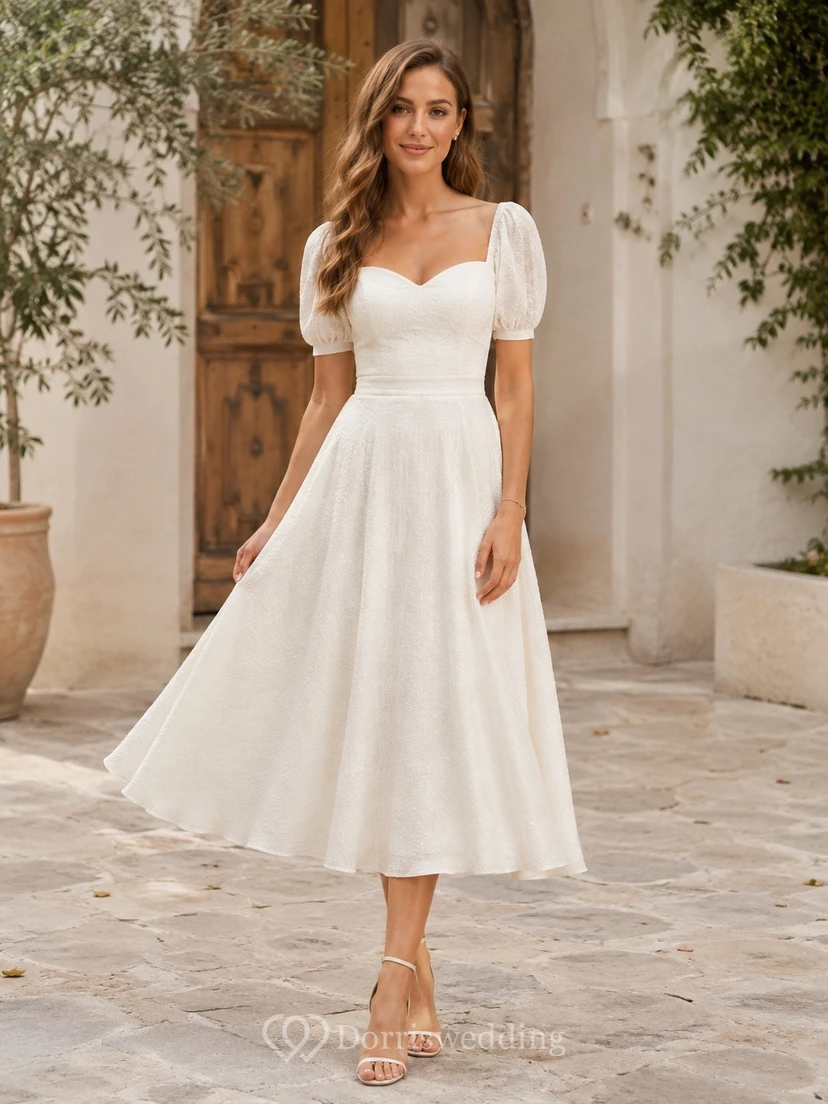 Vestido de novia midi sencillo de corte A con escote cuadrado y mangas abullonadas