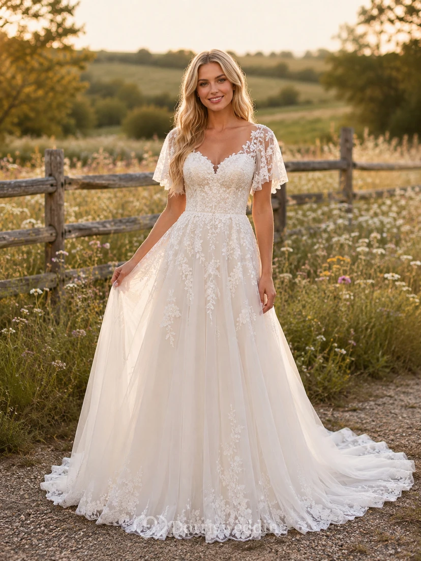 Brautkleid im Landhausstil mit Spitze, A-Linie, V-Ausschnitt, kurzen Ärmeln, Schleppe und tiefem V-Ausschnitt am Rücken