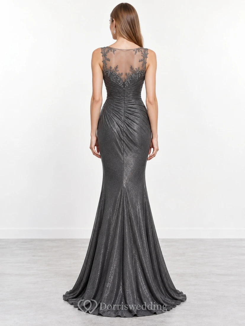 Steel Grey Illusion Lace Ruched Waist Shimmering Mermaid Evening Dress view 2