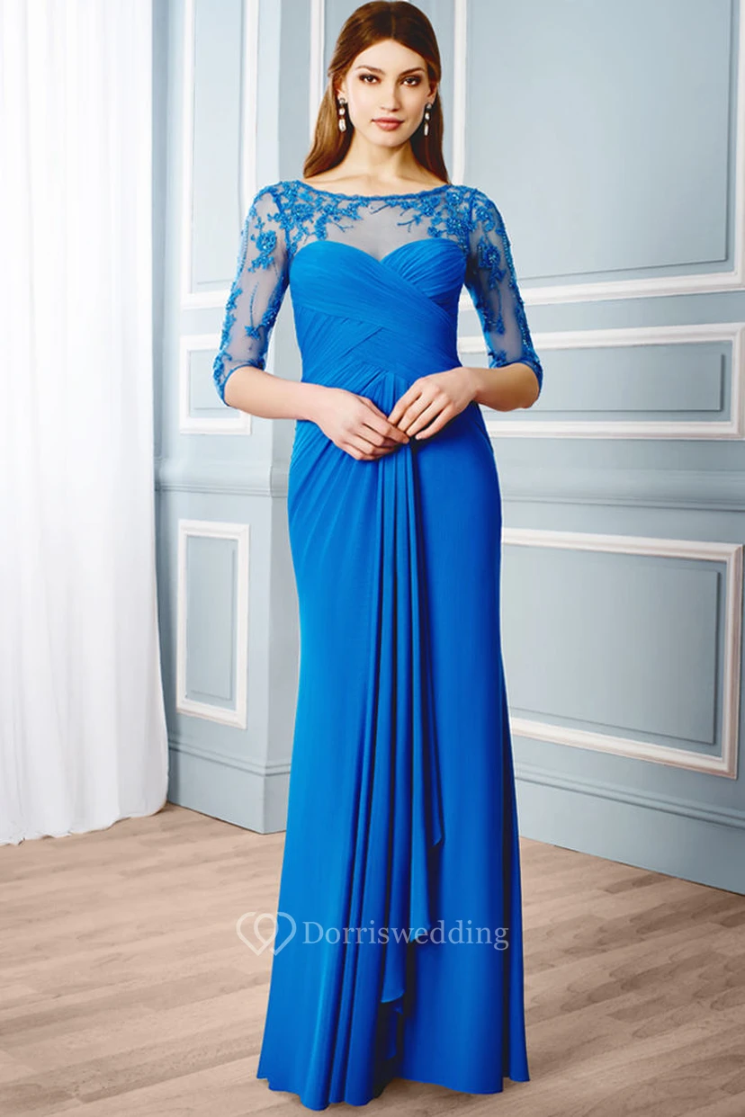 Scoop-Neck Floor-Length Criss-Cross Half-Sleeve Jersey Formal Dress With Draping And Appliques