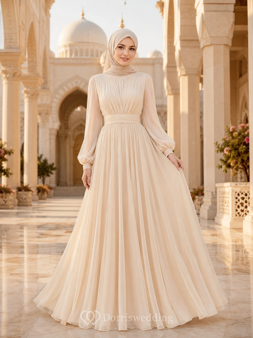 Vestido de novia musulmán modesto de gasa plisada de corte A con cuello alto
