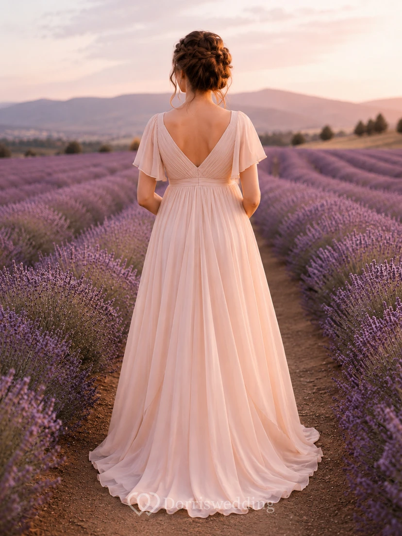 Maternity Blushing Flutter Sleeve Chiffon Flower Field Gown view 2