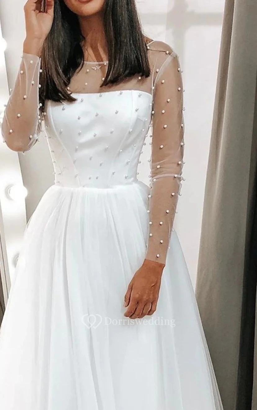 Modest Bateau A Line Tea-length Long Sleeve Wedding Dress With Beading view 2