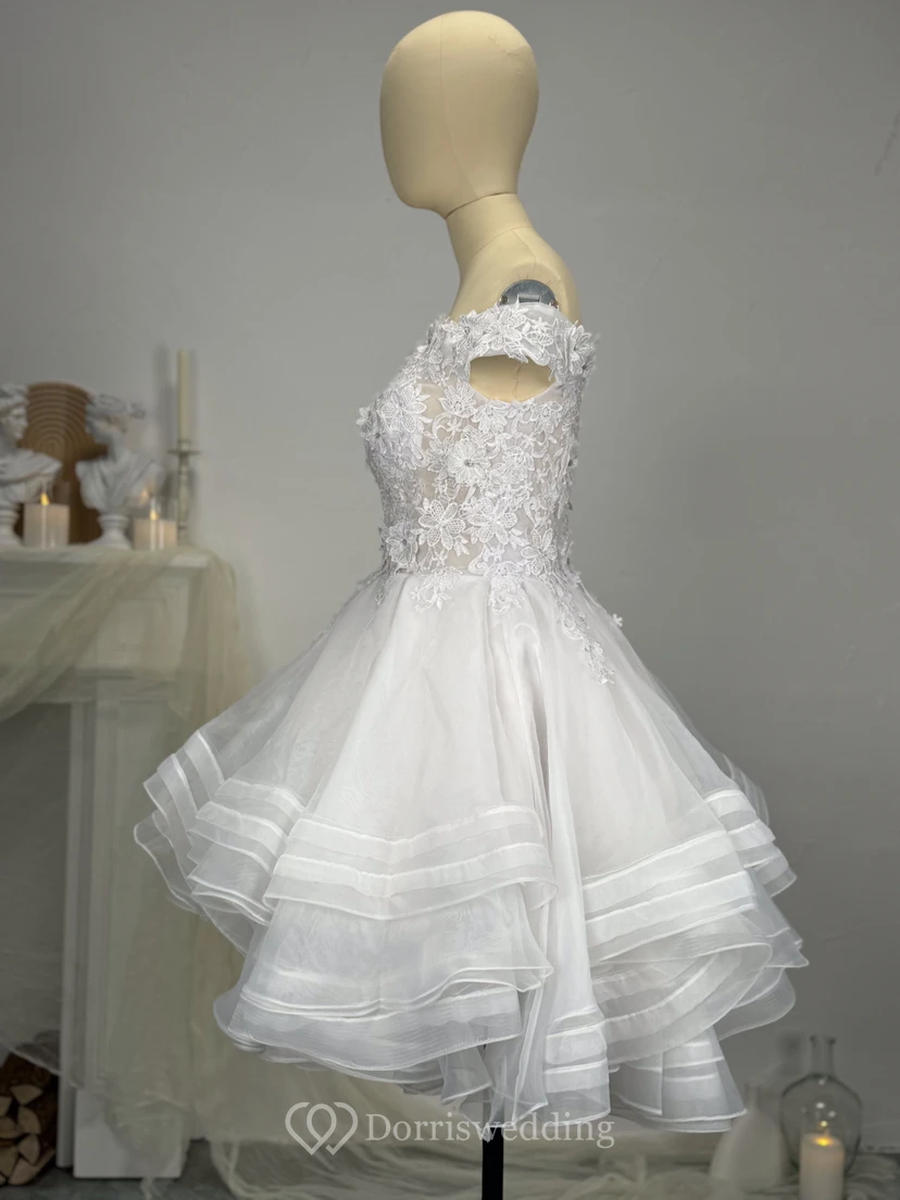 White Short A-line Empire Ruffled Layered Dress with Lace Top view 3