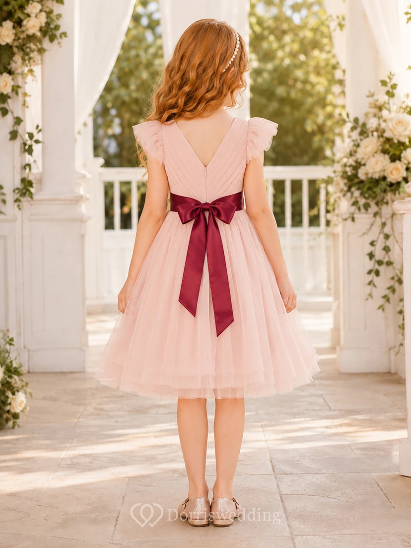 Tulle with Burgundy Sash Lace A-Line Flower Girl Dress with Short Sleeves, Jewel Neck, Tea-Length Skirt, Bow Detail and Sash Detail view 2