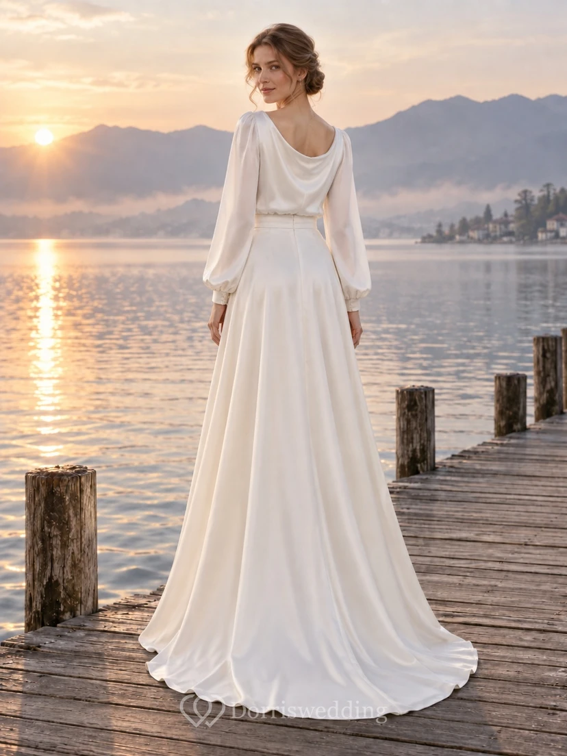 Vestido de novia sencillo de satén con cuello drapeado y mangas largas, corte en A view 2