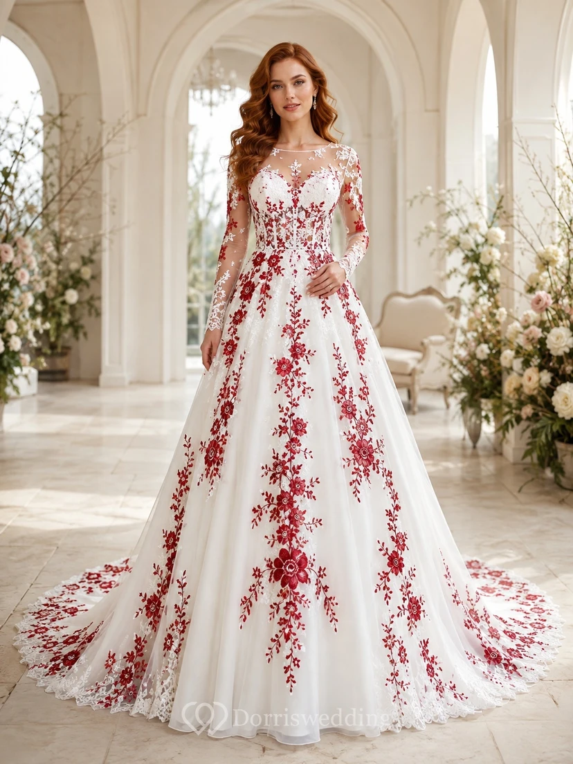 Rotes Brautkleid in A-Linie mit floraler Spitze, langen Ärmeln und Kathedralenschleppe, verziert mit Schmucksteinen und einer eleganten A-Linien-Schleife