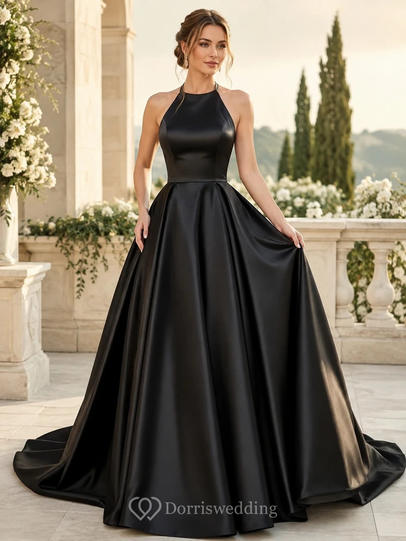 Luxury Black Satin Ball Gown Sweep Train Scoop Neck Straps Evening Dress