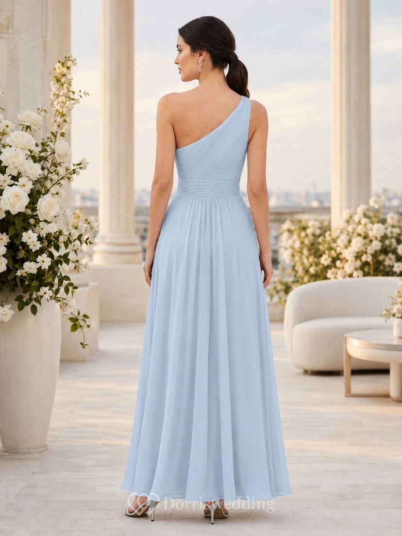 Sky Blue One-Shoulder Sleeveless Chiffon A-Line Floor-length Modern Evening Dress view 2