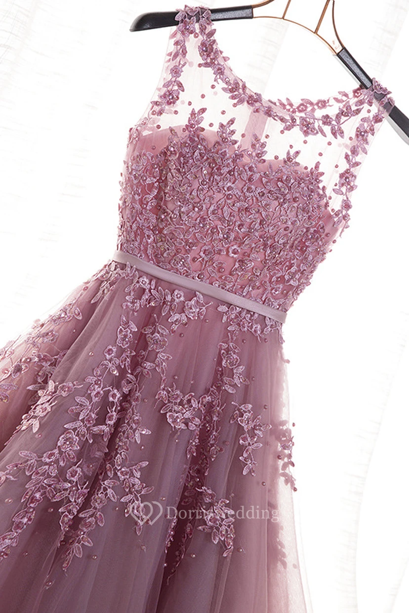 Romantic Bateau Sleeveless Tulle Floor-length Dress With Floral Appliques And Beading view 3