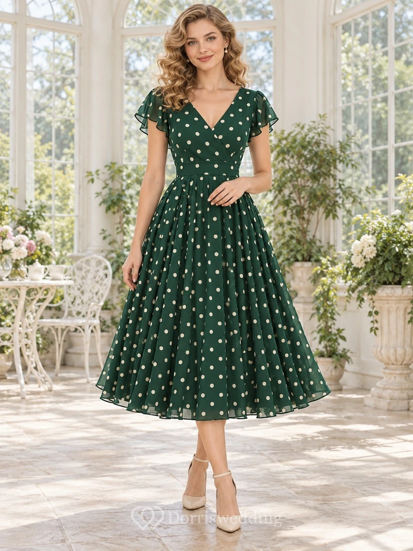 Vintage Teelanges grünes V-Ausschnitt-Abendkleid mit flatternden Ärmeln und Polka-Dots