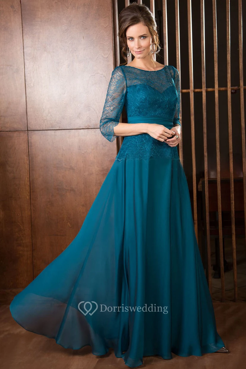 A-Line 3-4-Sleeve Maxi Scoop-Neck Lace Chiffon Mother Of The Bride Dress