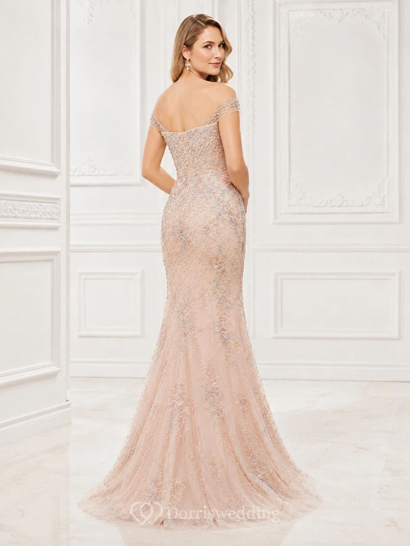 Vestido de noche de sirena de encaje color rosa con hombros descubiertos para madres de familia view 2