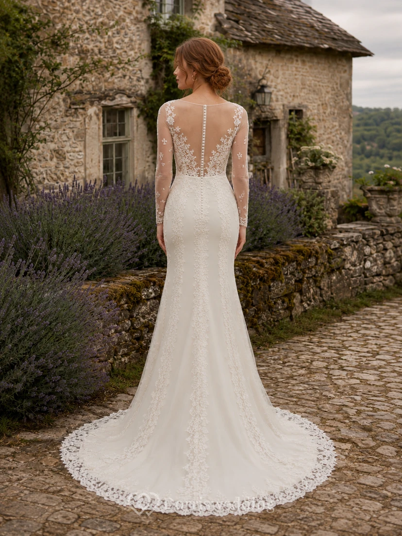 Plunging Neck Vintage Lace Sheath Cottage Garden Wedding Dress view 2
