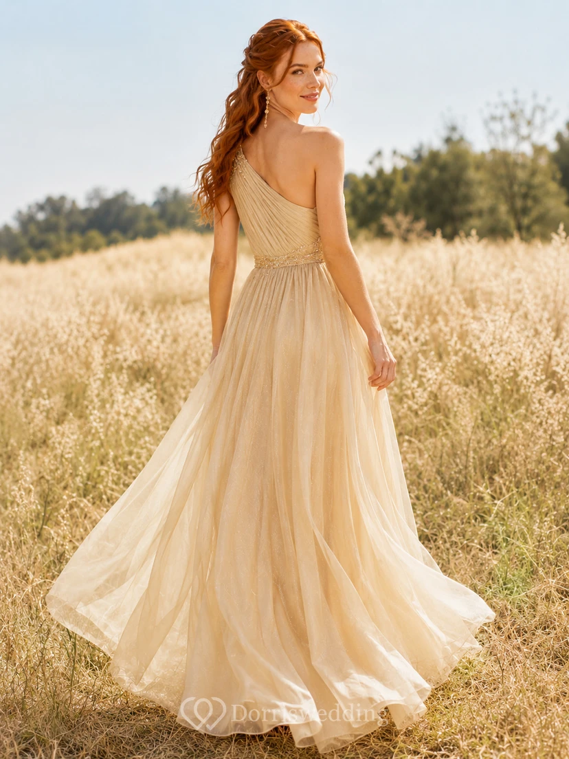 Champagnerfarbenes, einseitig schulterfreies, perlenbesetztes Chiffon-Brautjungfernkleid in A-Linie mit Falten, elegantem Schnitt für den Garten view 2