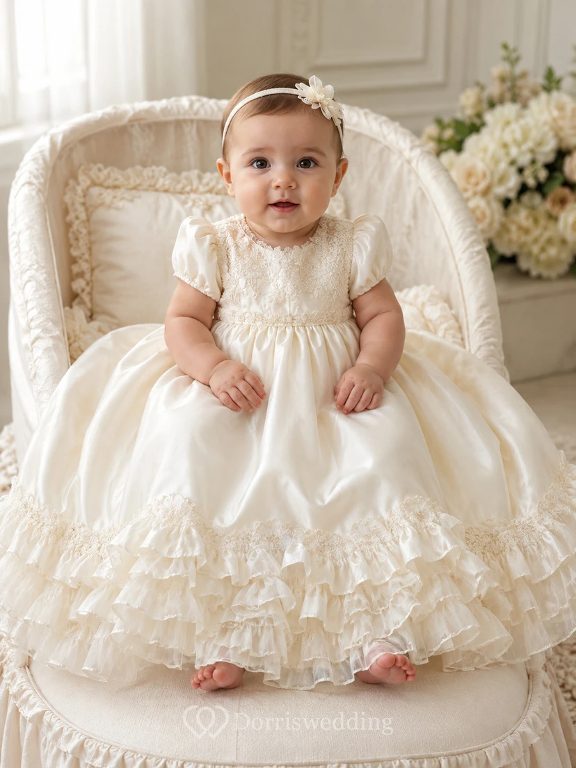 Robe de baptême pour bébé, ourlet volanté, bustier en dentelle, longueur thé, romantique, adorable et élégante en tulle