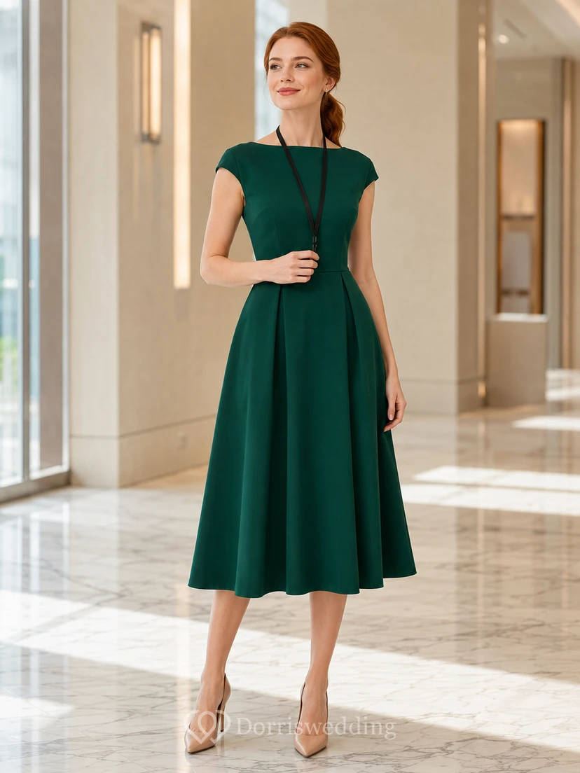 Smaragdgrünes, hochgeschlossenes A-Linien-Businesskleid mit kurzen Ärmeln, elegantem Midi-Länge