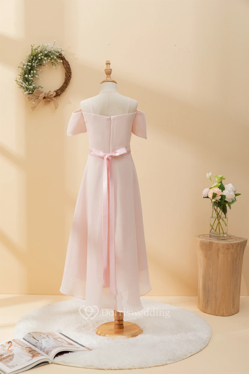 Chiffon Off-the-shoulder Spaghetti Casual Flowergirl Dress with Beaded Waist view 2