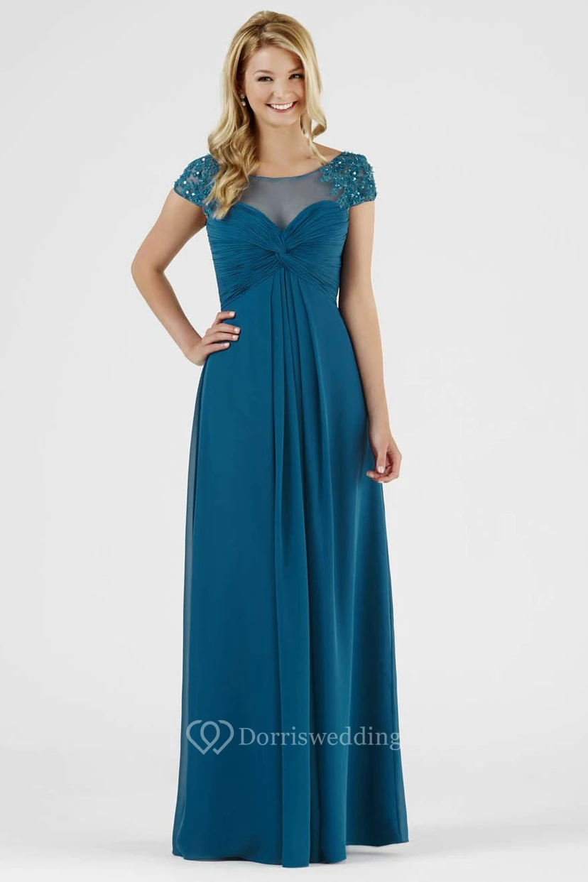 Scoop Maxi Empire Cap-Sleeve Beaded Chiffon Bridesmaid Dress With Ruching And V Back
