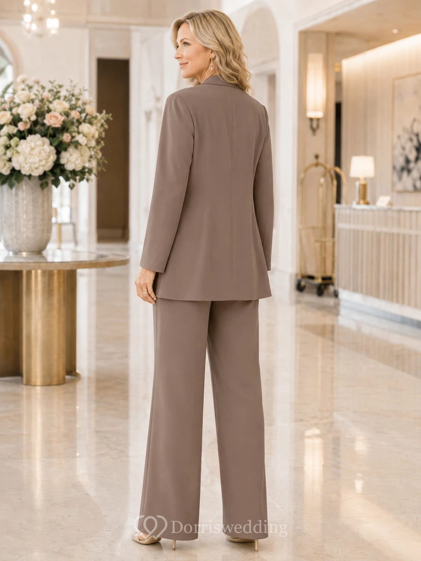 Taupe Mother Jumpsuit with Jewel Neck Long Jacket and Wide Leg Pants view 2