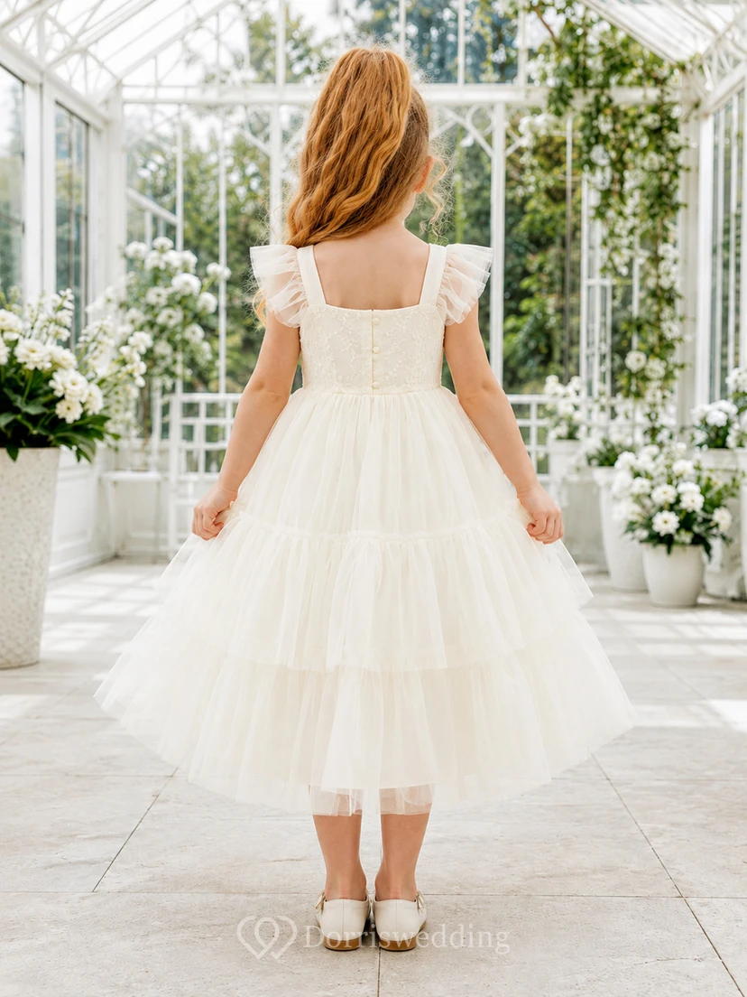Flower Girl Dress Ivory Tulle A-Line Flutter Sleeve Square Neck Tea Length Ruffle Detail Tiered Skirt view 2